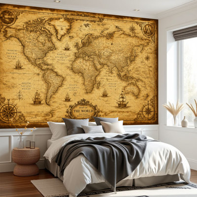 Papier peint adhésif peler et coller carte du monde rétro et vieux papier parchemin auto-adhésif amovible, décoration murale pour salle de séjour H 69 po x l 96 po