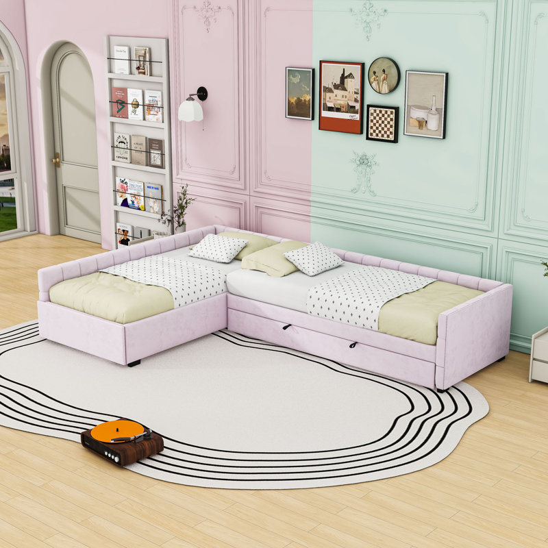 1 Drawer L-Shape Upholstered Twin Daybed with Pull-Out Twin Trundle, Pink