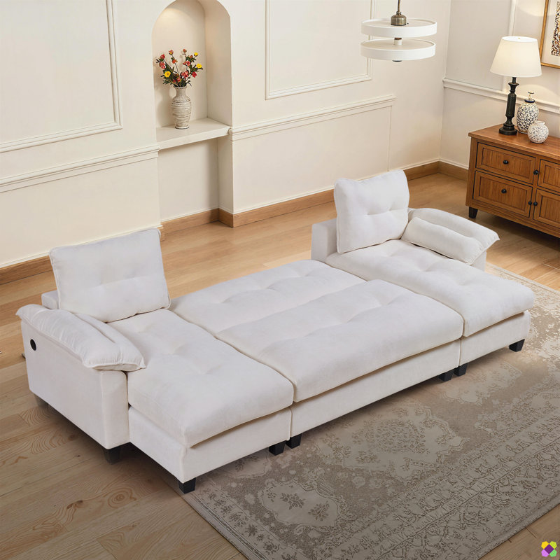 104.7"W Convertible Chenille U-shape Sectional, Pull-out Sofa Bed, Beige Chenille