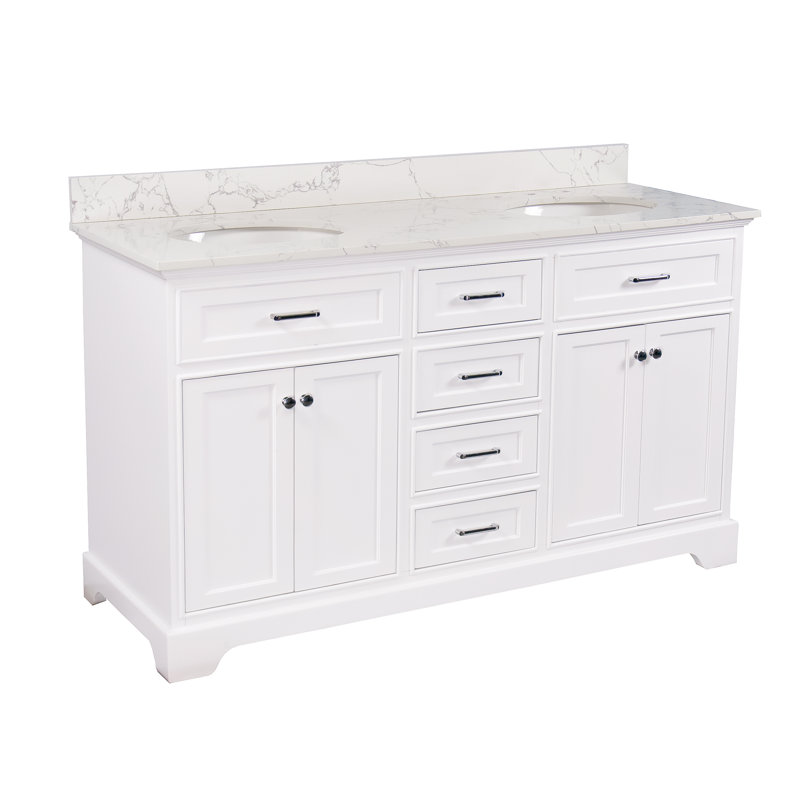 Ensemble de meuble-lavabo double 60 po Ronnie, Blanc, Marbre d'ingénierie