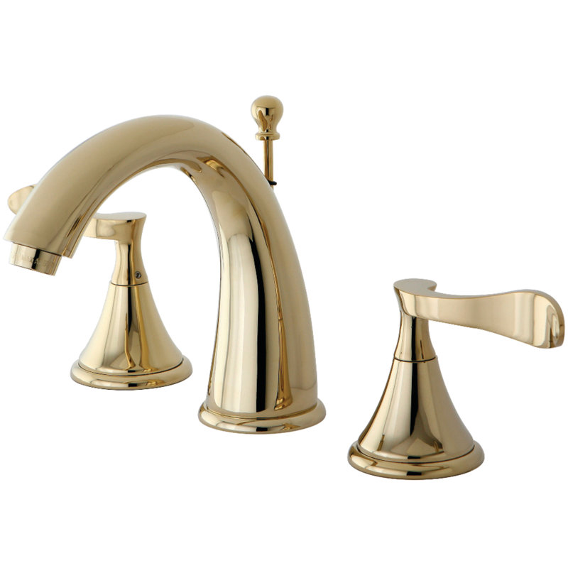 Kingston Brass Century Two-Handle 3-Hole Deck Mount Widespread Bathroom Faucet with Brass Pop-Up Drain, Polished Brass