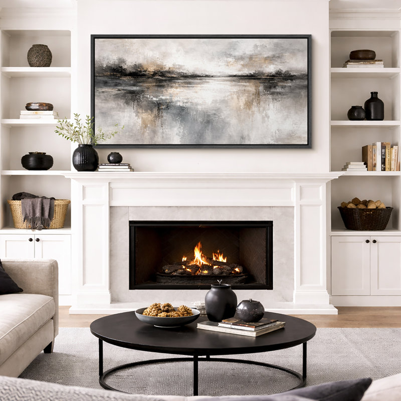 «Abstract Neutral Grey Misty Reflection», œuvre d'art moderne sur toile encadrée, impression sur toile, Cadre noir