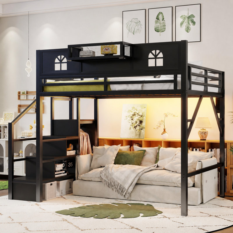 Structure de lit avec escalier de rangement réversible, garde-robe, lumière DEL et alimentation USB, double, noir, Lit double