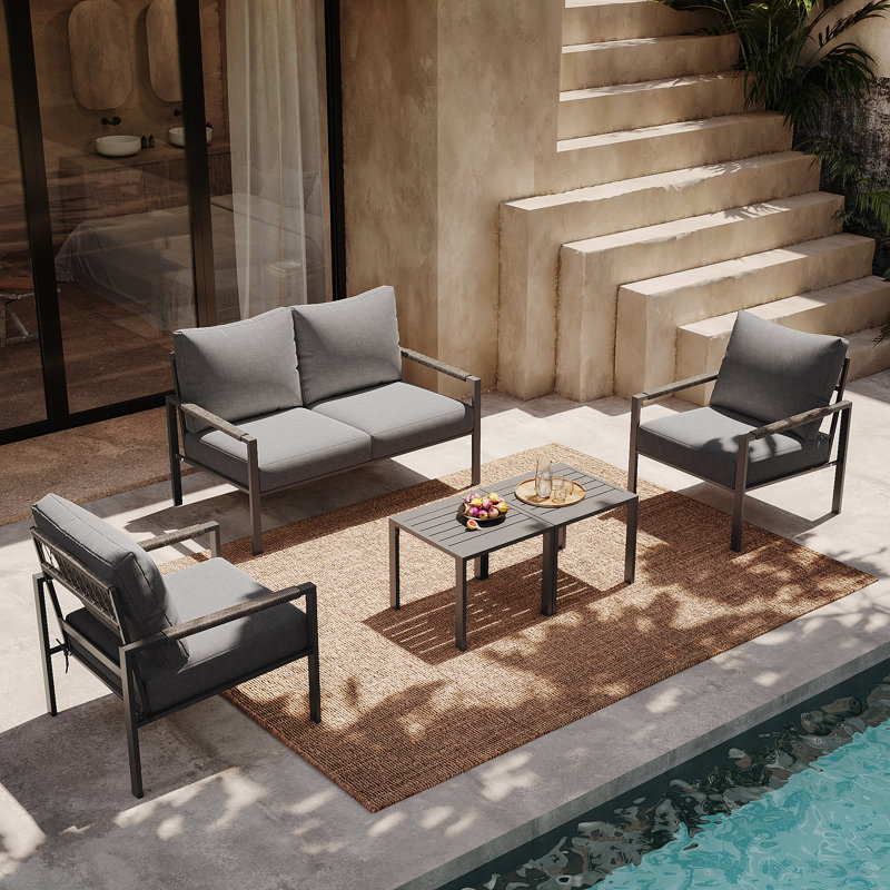 5 Pieces Outdoor Patio Furniture Set With Olefin Cushions, 2 Coffee Tables, Metal Sofa Set, Loveseat, Gray