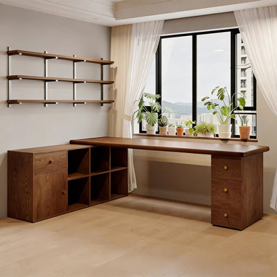  Solid Wood With Right Drawer Cabinet &Left Open Bookshelf L-Shaped Desk