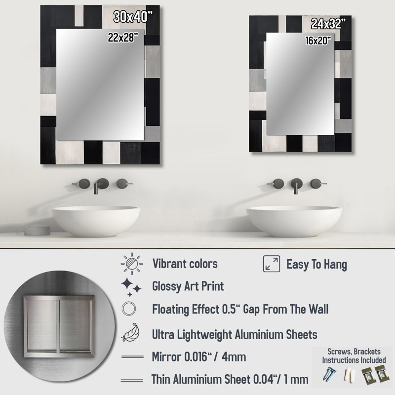 Black And White Cuboids Dream I - Abstract Shapes Unique Mirror, Modern Large Wall Mirror, Printed Metal Art, 32" x 24"
