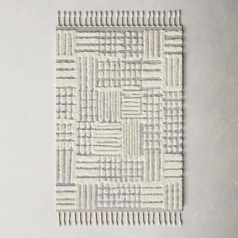 Benjamin Geometric Hand Knotted Ivory/Sky Area Rug, Rectangle 4' x 6'
