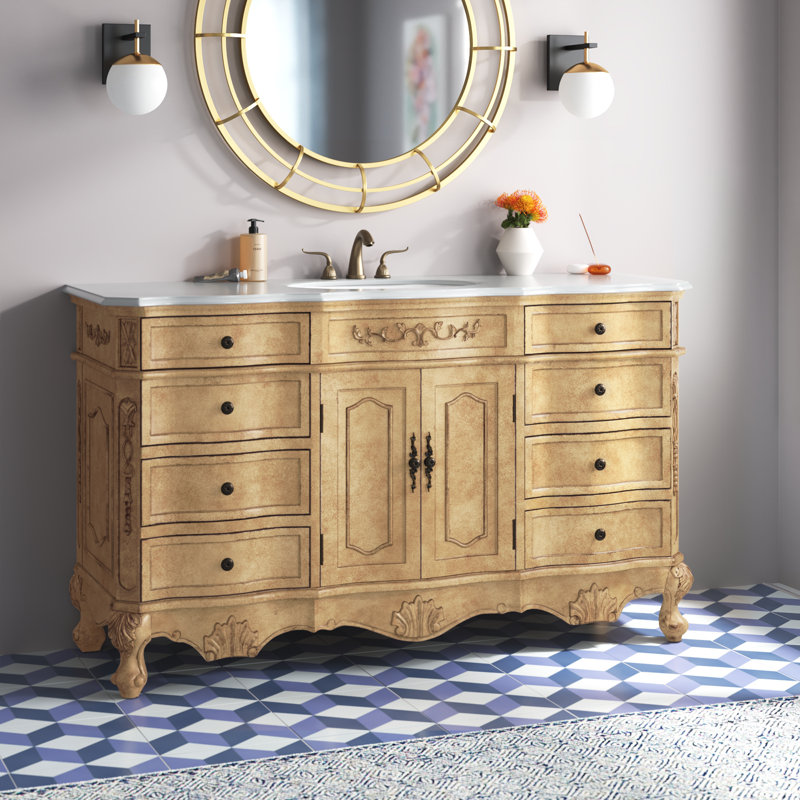 Ensemble de meuble-lavabo simple 60 po Lunette, Beige antique, Blanc ivoire