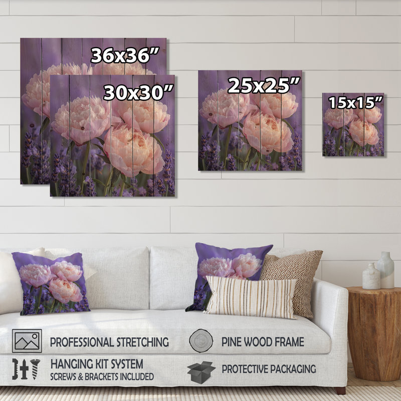 Pivoines dans le jardin de lavande IV - Décoration murale en bois de pivoines - sur bois de pin naturel