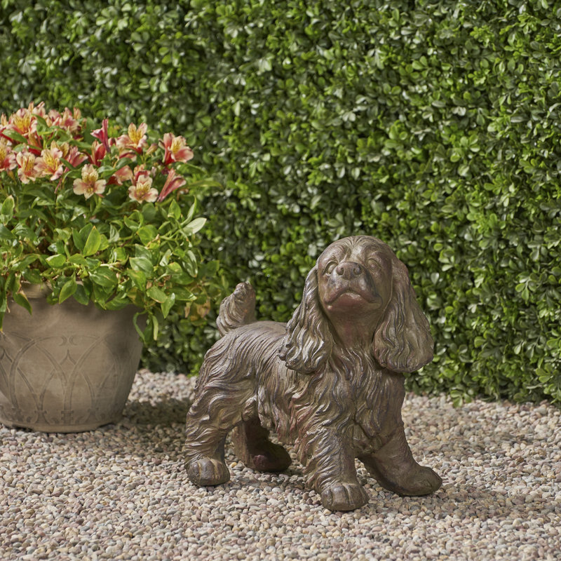 Statue de jardin 14,5 po Cocker Spaniel, sculpture de chien en pierre coulée avec finition brun antique, statue décorative pour patio et jardin