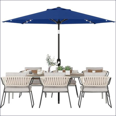 9 Ft Patio Umbrella with Solar Lights, Outdoor Table Umbrella with 32 LED Lights & Tilt Crank, 8 Ribs Market Umbrella for Pool, Deck, Backyard
