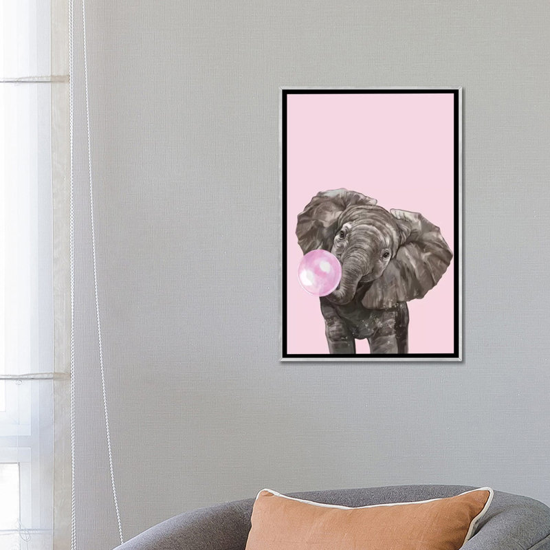 Art d’éléphant de gomme à bulles, Toile avec cadre argenté, H 26 po x l 18 po x P 1,5 po
