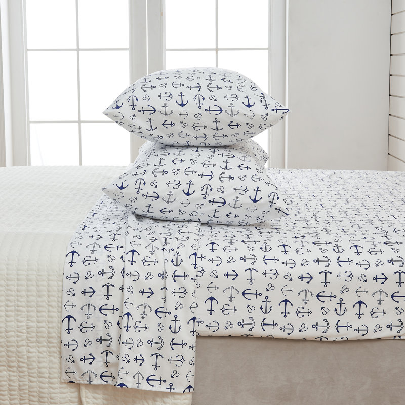 Ultra Soft Coastal Printed Microfiber Sheet Set, Queen Sheet Set + Fitted Sheet + 2 Pillowcases, Anchor