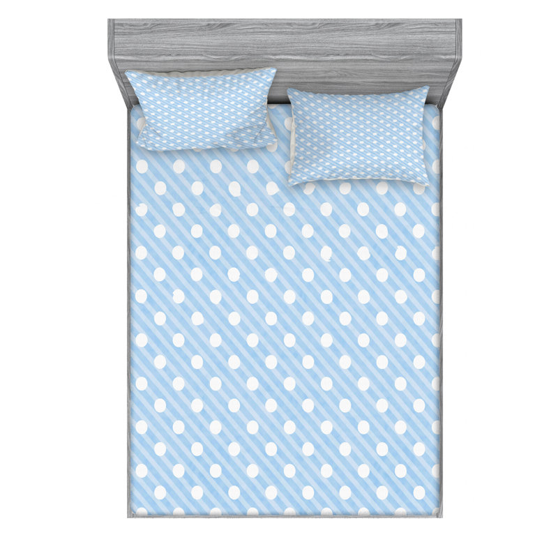 Microfiber Polka Dots Sheet Set, Queen Sheet Set with 2 Pillowcases, Baby Blue Polka Dots
