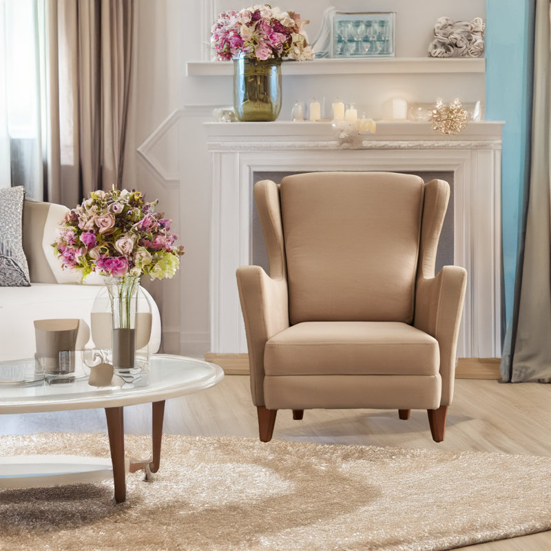 Fauteuil à oreilles Beech, Velours de polyester crème