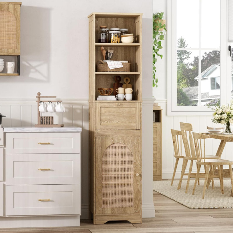 Armoire de salle de bain 67 po avec portes en rotin, tablettes réglables et armoire à serviettes Boho