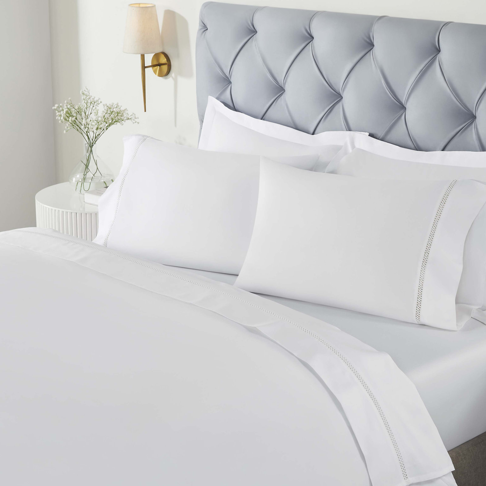Satin Sheet Set, Twin Extra Long Sheet Set with 1 Pillowcase, White/White