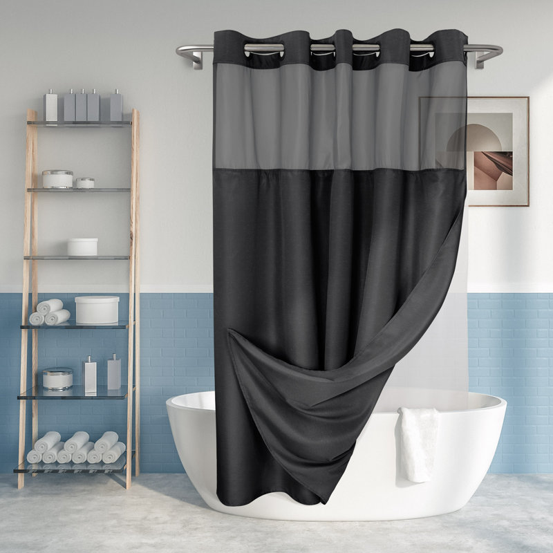 Black Fabric Shower Curtain with Snap-in Liner and Sheer Top