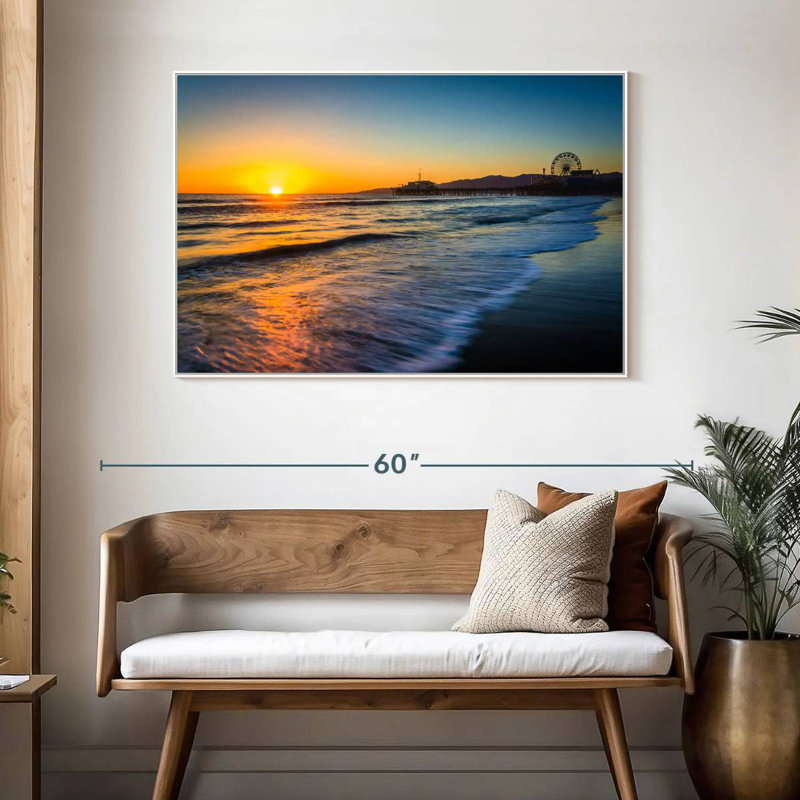 Santa Monica Pier au coucher du soleil, Cadre flottant blanc, 46 po x 31 po