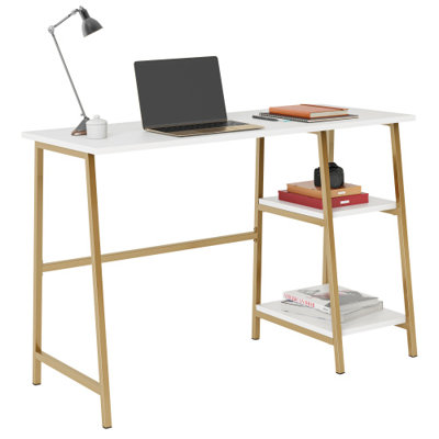 Bureau en bois avec grand bureau et 2 tablettes, blanc