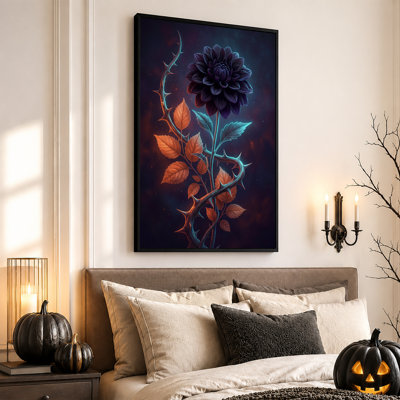 Tableau mural sur toile représentant un dahlia violet foncé à tige épineuse et motif d'Halloween
