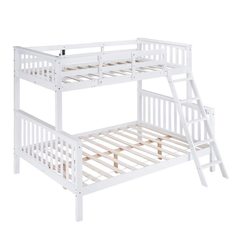 White Twin Over Full Size Bunk Bed With Guardrail, LED Light, Charging Station