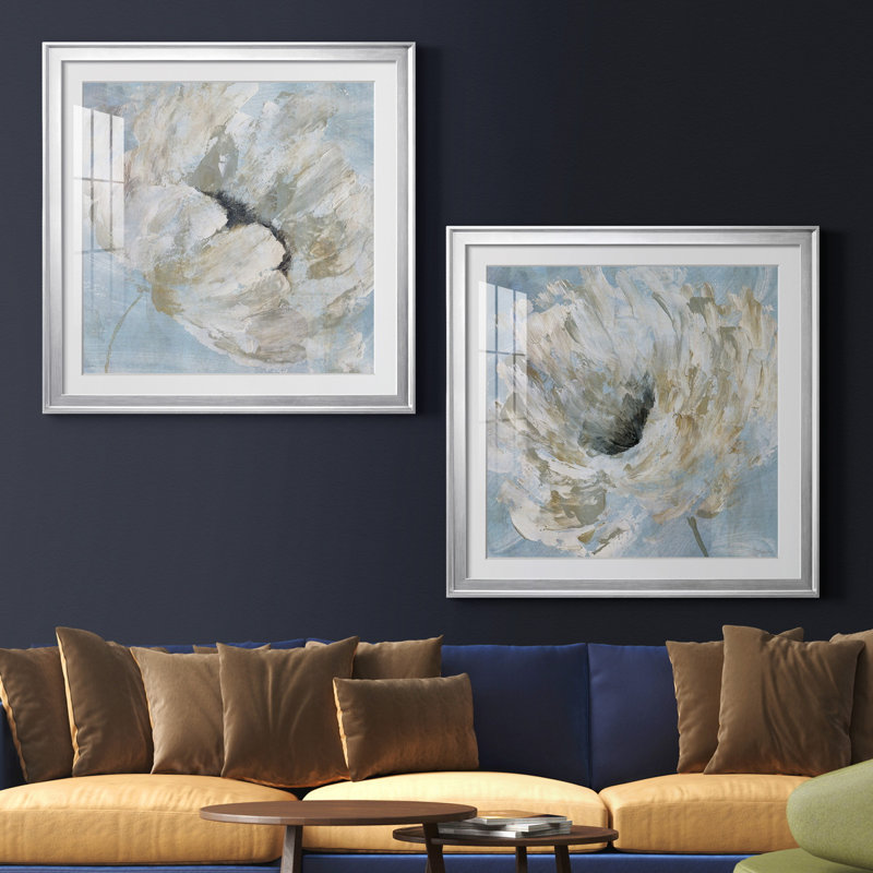 «Blue Blanc I», ensemble de 2 reproductions d'art sur toile tendue, H 26,5 po x l 53 po x P 1,5 po, Papier avec cadre argenté
