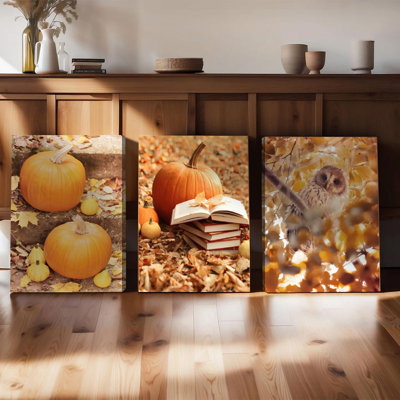 Ensemble de 3 affiches encadrées, décorations murales sur toile sur le thème de la récolte d'automne : citrouilles, livres empilés, hibou dans les feuilles d'automne. Décoration rustique de style ferme pour salon, chambre, décoration de l'Action de grâce et décoration intérieure. Prêtes à accrocher.