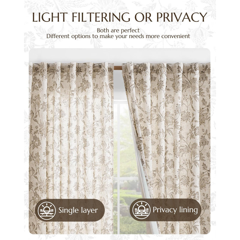 Linen Blend Semi Sheer Pod Pocket Floral Patterned French Country Curtains, Taupe, 50" W x 96" L