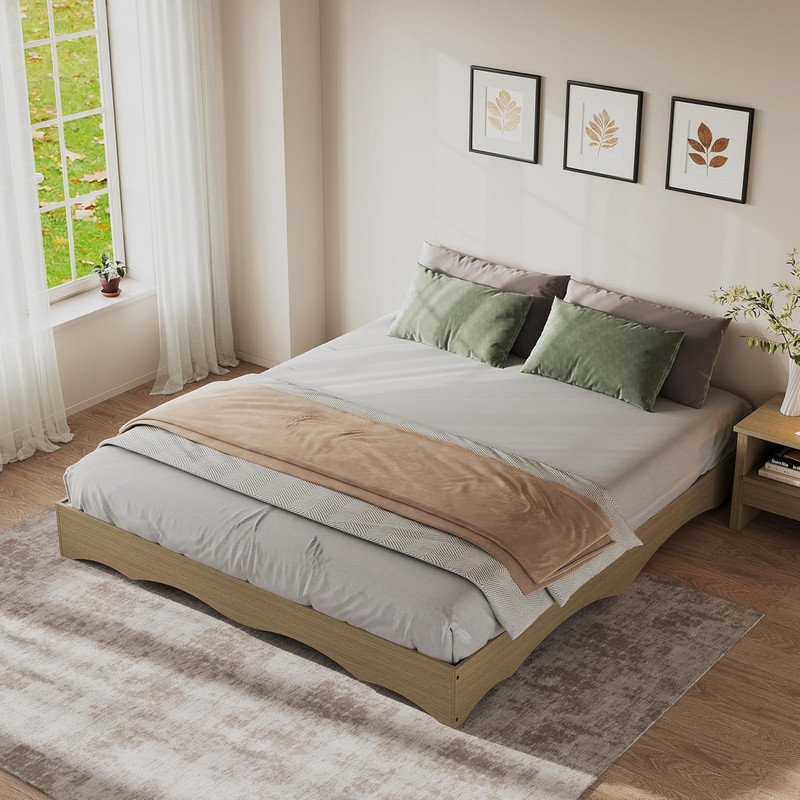 Lit plateforme en bois Wave Design - profil bas sans tête de lit, silencieux, sans sommier tapissier, Beige, King