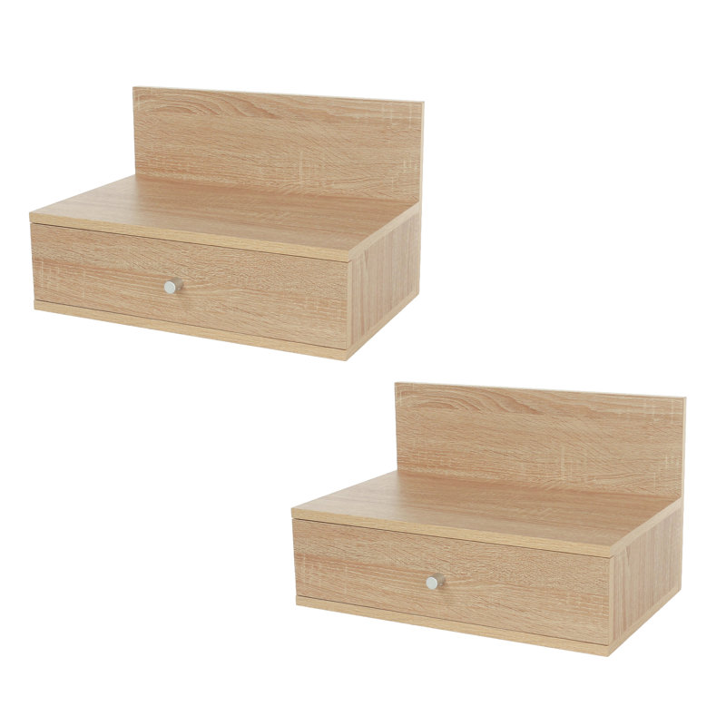 Set of 2 Floating Wall-Mounted One Drawer Bedside Tables, Compact, Beige