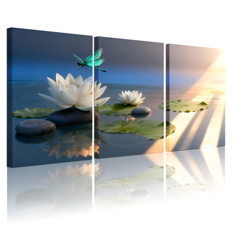 Ensemble de 3 tableaux sur toile tendue « Fleur de lotus et libellule : sérénité », H 30 po x l 60 po