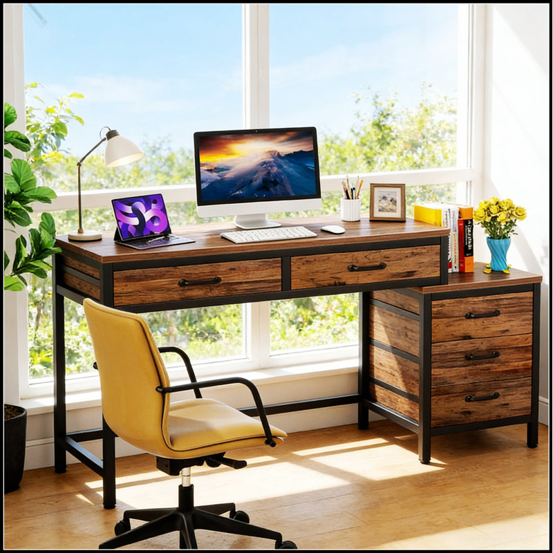Bureau de style industriel avec bureau d'ordinateur à 2 tiroirs et classeur à 3 tiroirs, design rustique et fonctionnel pour les petits espaces