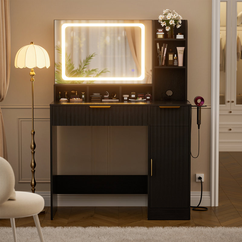  Makeup Vanity Desk With Mirror, Lights And Charging Station, Black