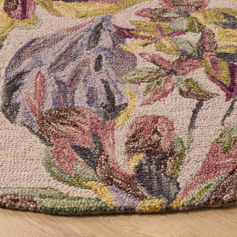 Kallon Hand Tufted Wool/Cotton Floral Rug in Gold/Pink, Round 6'