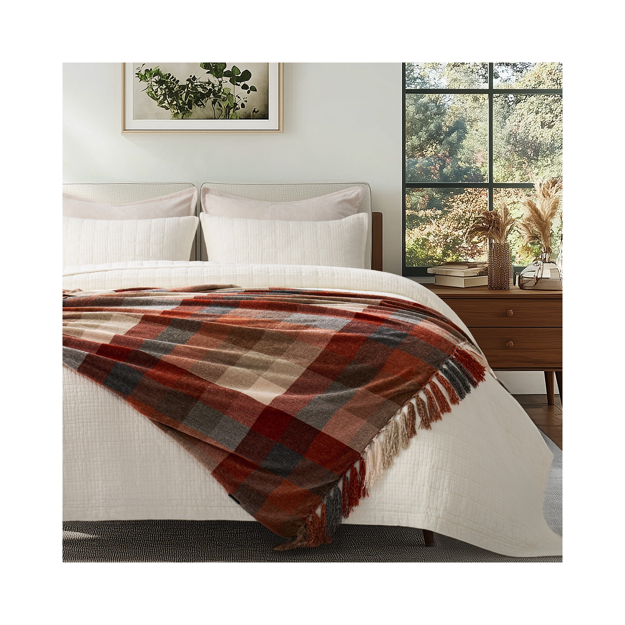 Soft Chenille Throw Blanket, Brown/Orange/Gray Plaid, 60" L x 50" W