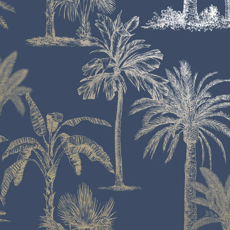 Dutch Wallcoverings Wallpaper Tropical Trees, Navy Blue/Silver