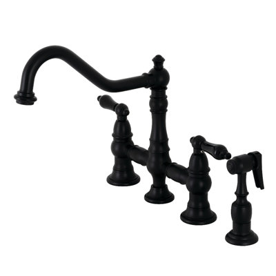 Kingston Brass Duchess Two-Handle 4-Hole Deck Mount Bridge Kitchen Faucet with Brass Side Sprayer