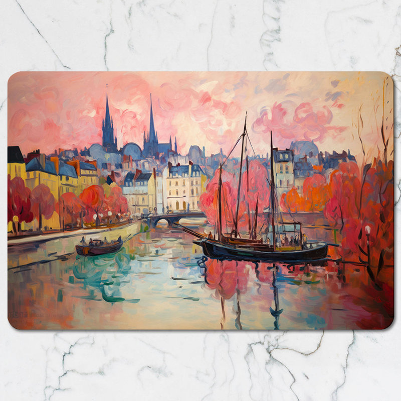 Paris River Scene Placemats And Coaster Set With Boats Artwork