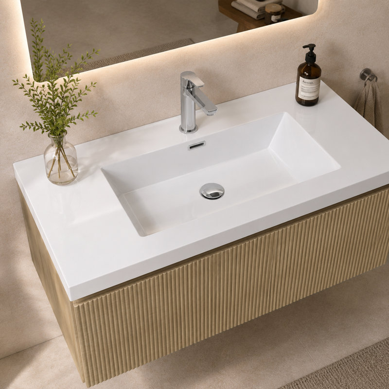 Meuble-lavabo flottant en chêne naturel 42 po avec lavabo simple blanc brillant RIVEN, Beige, 42 po