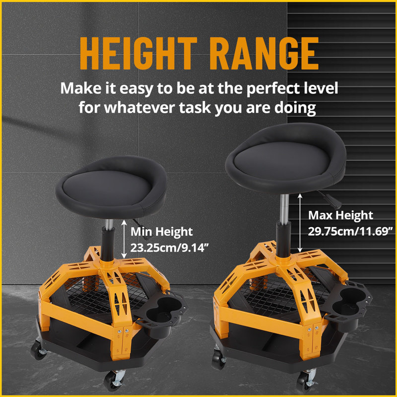 Tabouret roulant de garage, capacité de 330 lb, hauteur réglable, siège pivotant à 360 °, construction robuste et grand plateau à outils, réglable, avec porte-gobelet, jaune
