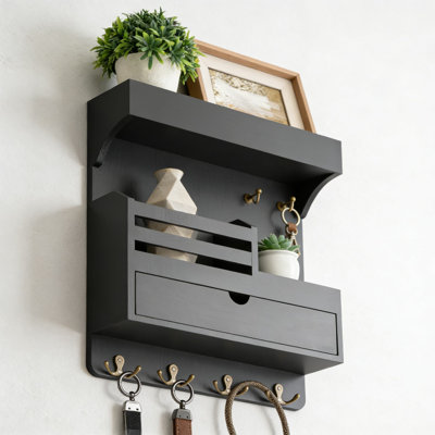 Porte-clés mural en bois avec organisateur de courrier et tiroir, rangement de vestibule moderne avec 6 crochets robustes et tablette flottante pour l'organisation à la maison