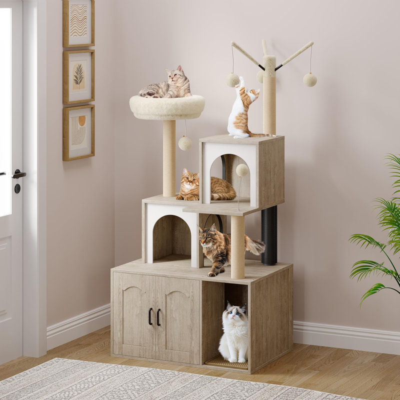Arbre à chat 2-en-1 avec litière cachée - Tour de chat en bois avec poteaux à griffes, rangement, grotte, perchoir souple et coussin lavable - blanc