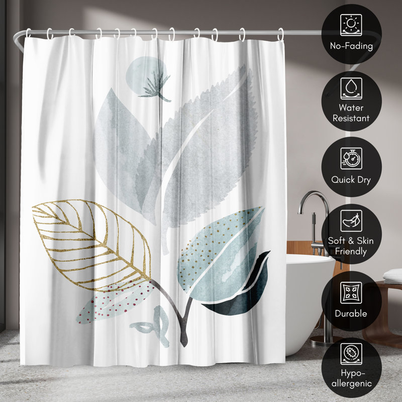 White and Gold Botanical Polyester Shower Curtain, 71" x 74"