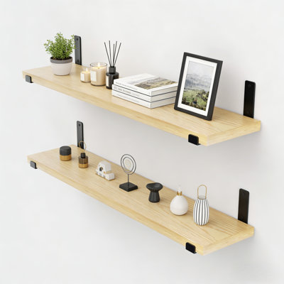 Wall-Mounted Floating Shelves Wood Wall Shelves Wood Floating Shelves With J Brackets For Christmas, Bedroom, Living Room,Kitchen, Bathroom