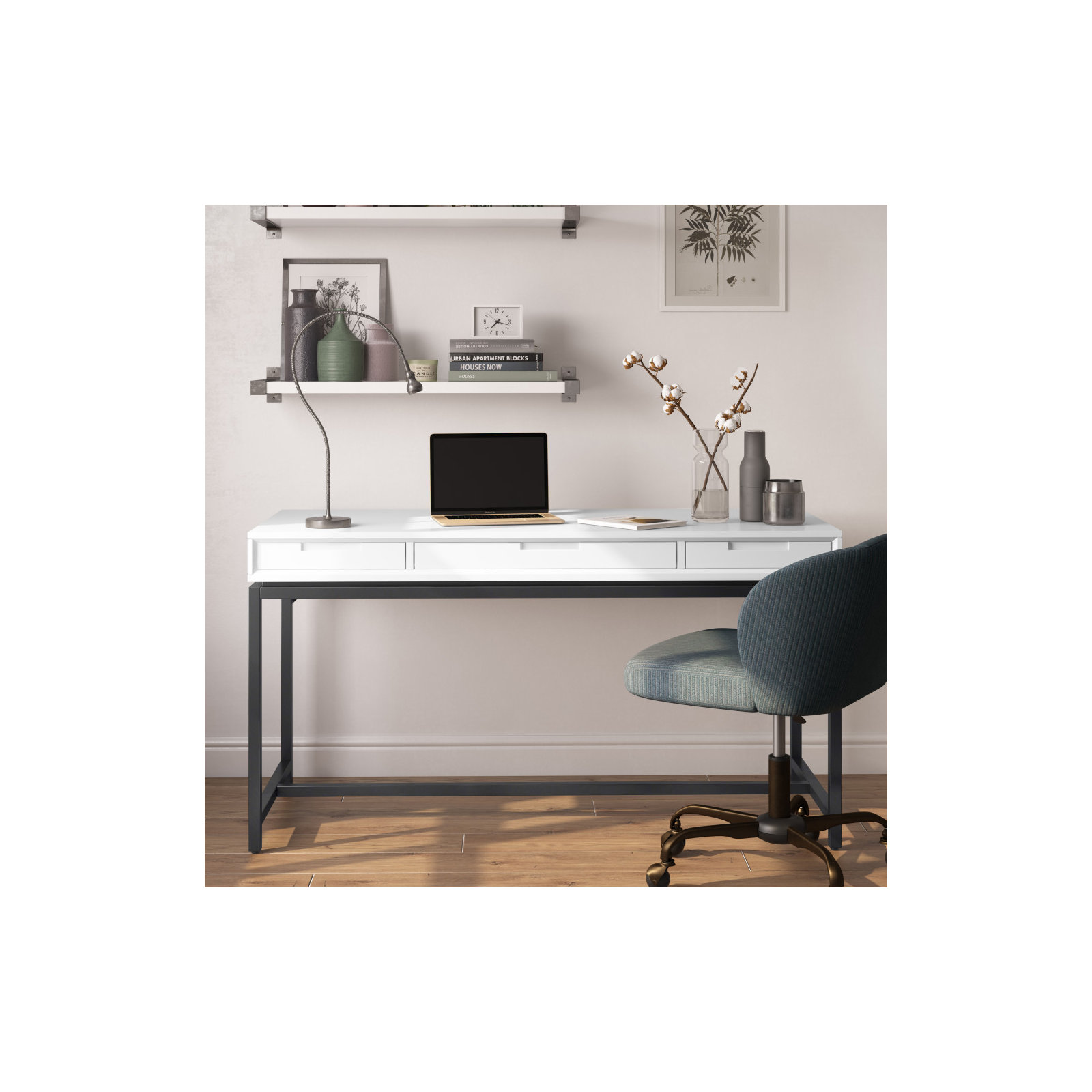 Lars Mid Century Desk, 31.50" H x 60" W x 24" D, White/Black