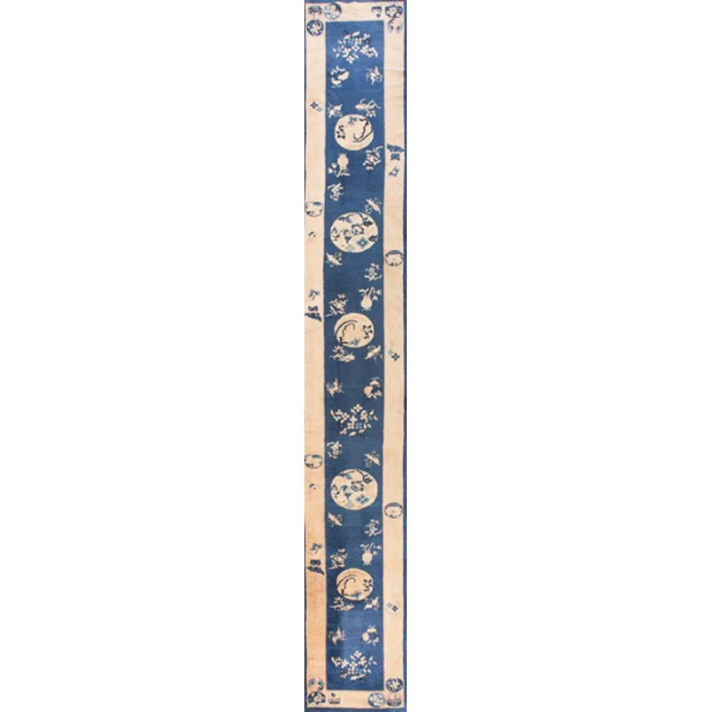 Tapis de couloir bleu antique à motif floral chinois en laine