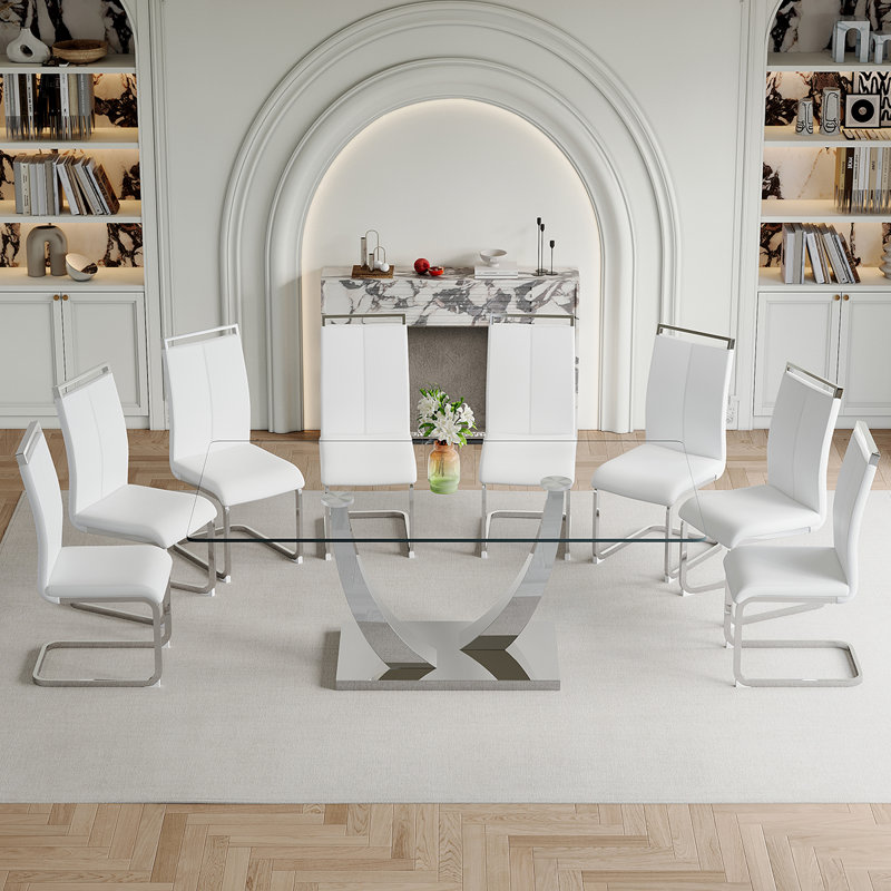 Ensemble de table de salle à manger en verre, Blanc, 9