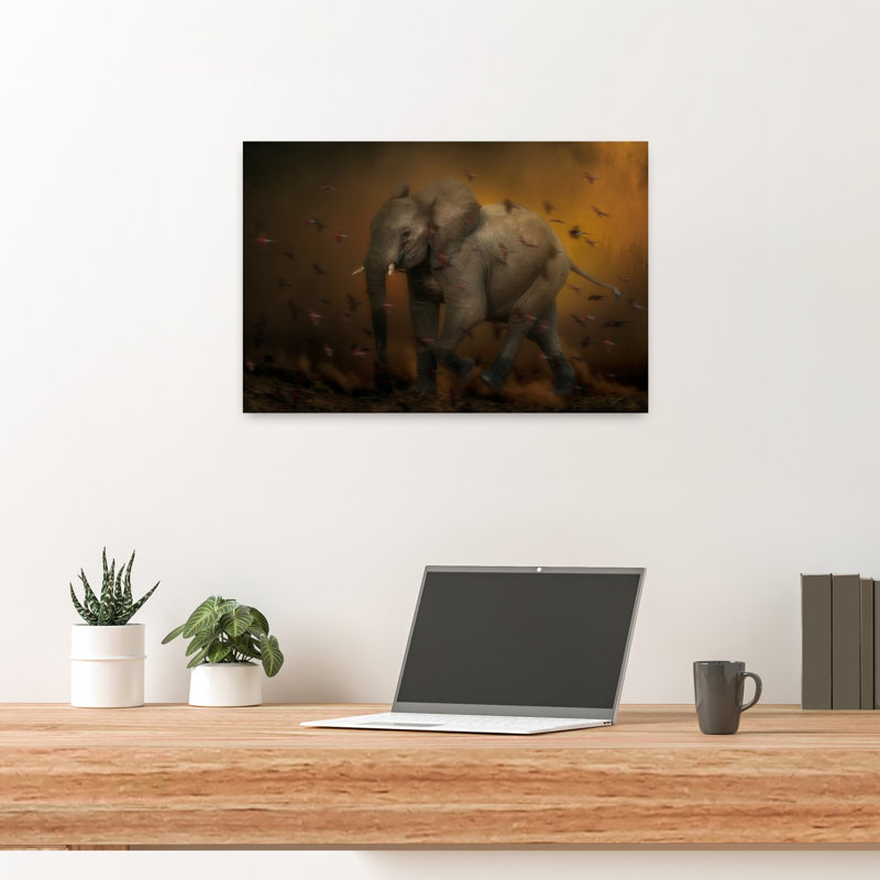 Wild Elephant Dust Dreamy Tranquil Contemporary Bird Elephant Nature Wildlife Wall Art Print 1 Piece Wrapped Canvas Wall Art