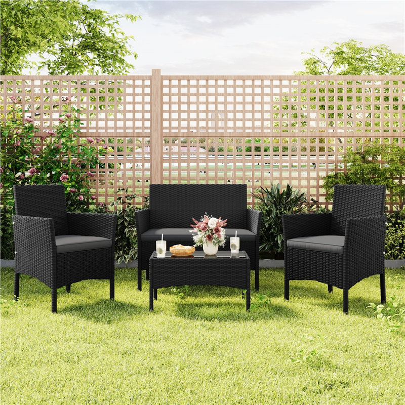 Patio Conversation Set with Cushions for Porch, Grey, Black